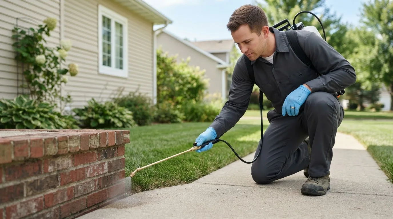 Pest control technician treating a home near Beecher, IL
